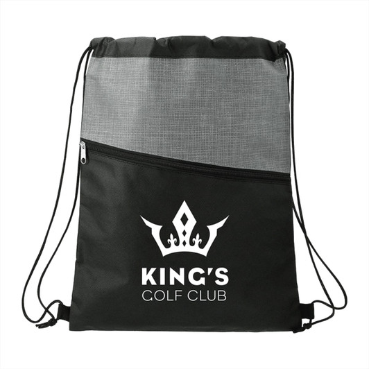 A grey and black drawstring bag with a zippered pocket, featuring a logo.
