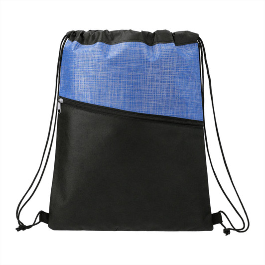 A zippered drawstring bag featuring a blue cross-weave design and a black lower section, with a small front pocket.