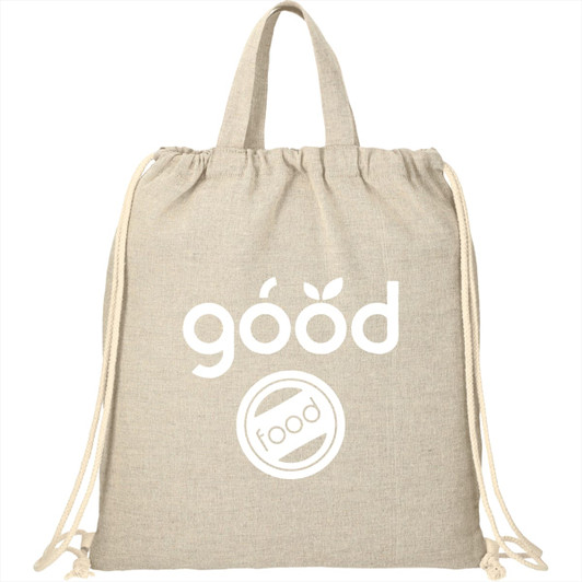 A beige recycled cotton drawstring bag with a logo on the front and two handles at the top.