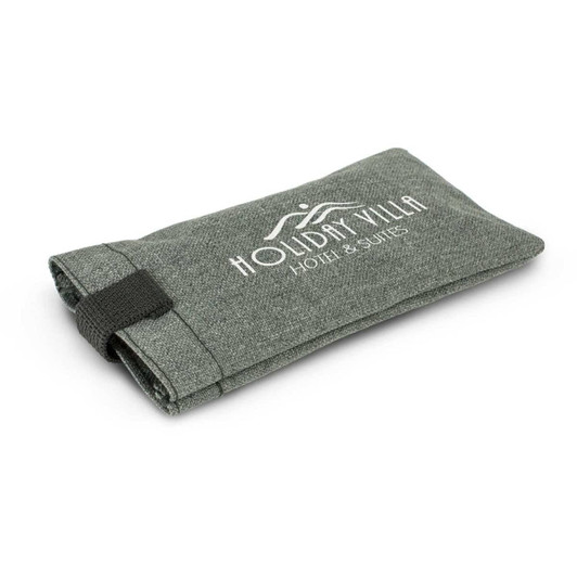A grey sunglass pouch with a logo, featuring a foldable design and an elastic strap.