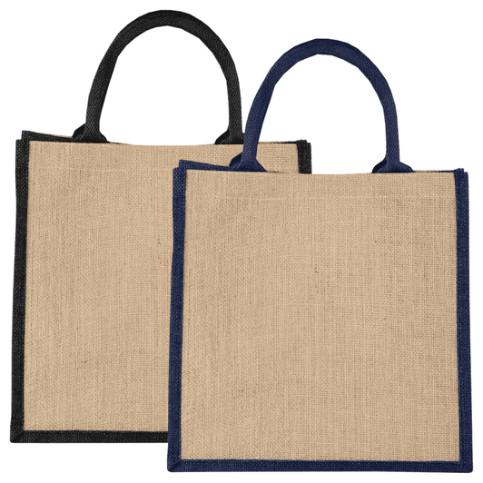 Medium jute gift tote in natural and black with navy accents, featuring sturdy handles and a logo.