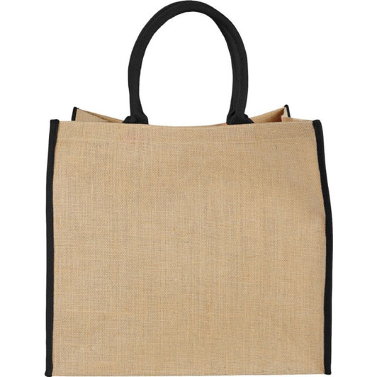 A large jute tote in natural beige with black trim and handles, featuring a simple design and an attached logo.
