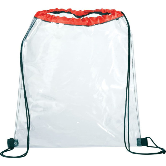 A clear drawstring sportspack with a red drawstring and black accents, featuring a logo.