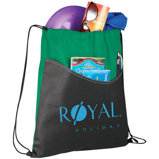 A green and black drawstring sportspack, filled with a frisbee, sunglasses, and various items, featuring a logo.