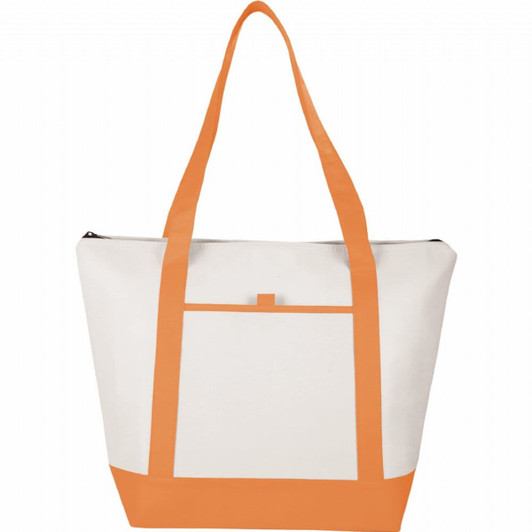 A non-woven cooler tote bag in white with orange straps and bottom, featuring a front pocket and a zip closure.