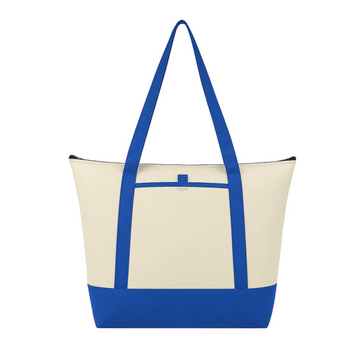 A blue and cream tote cooler bag with long handles and a front pocket. It features a logo.