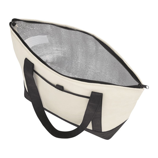 A non-woven boat tote cooler in cream and black with a zippered top and insulated interior. Includes a logo.