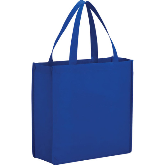 A blue non-woven tote bag with two handles and a simple design. It features a branded logo.