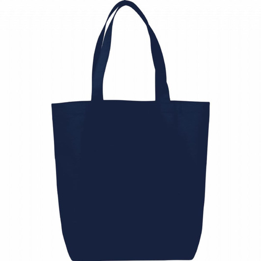 A navy blue non-woven tote bag with two handles and a simple design. It features a logo.
