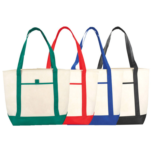 Four Lighthouse Non-Woven Boat Totes in green, red, blue, and black, featuring long handles and a front pocket.