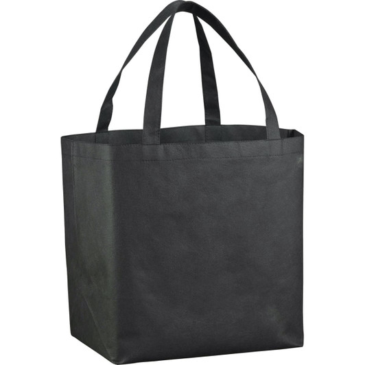 A black non-woven shopper tote bag with two sturdy handles and a spacious interior. It features branding.