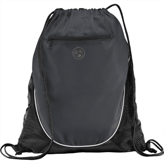A black drawstring sportspack with mesh side panels and a zippered pocket, featuring a logo.