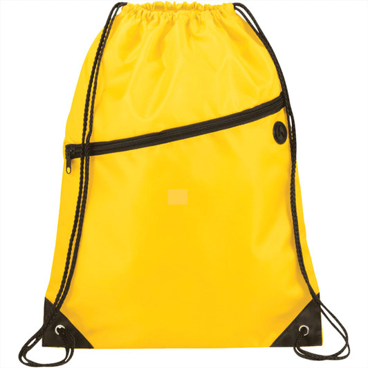 A bright yellow drawstring sportspack with a zippered pocket and black accents. Features a logo.