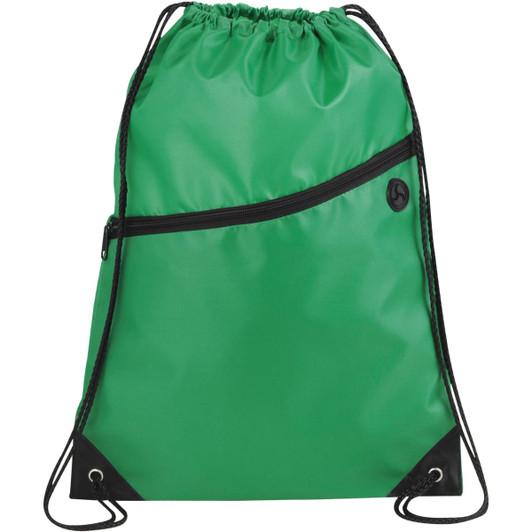 A green drawstring sportspack with a black trimmed base and a zippered front pocket, featuring a logo.