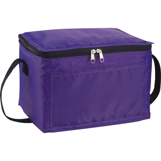 A purple insulated lunch cooler with a zippered closure and a handle for easy carrying. Features branding on one side.