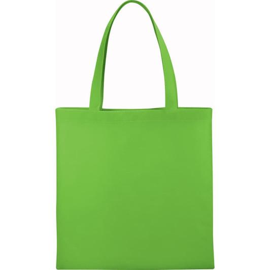 A bright green non-woven tote bag with two handles and a blank surface featuring a logo.