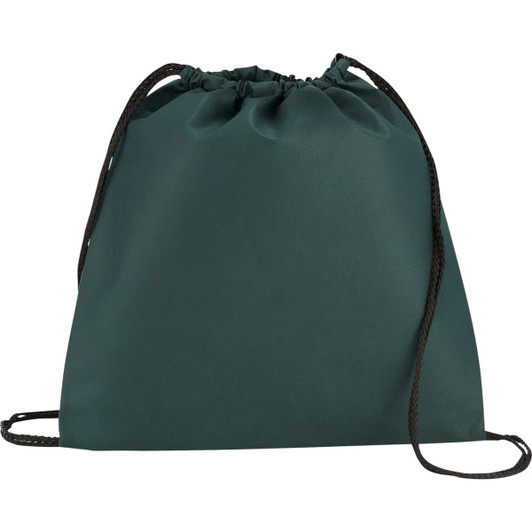 A dark green non-woven drawstring sportpack with black drawstrings and a simple design. It features a logo.