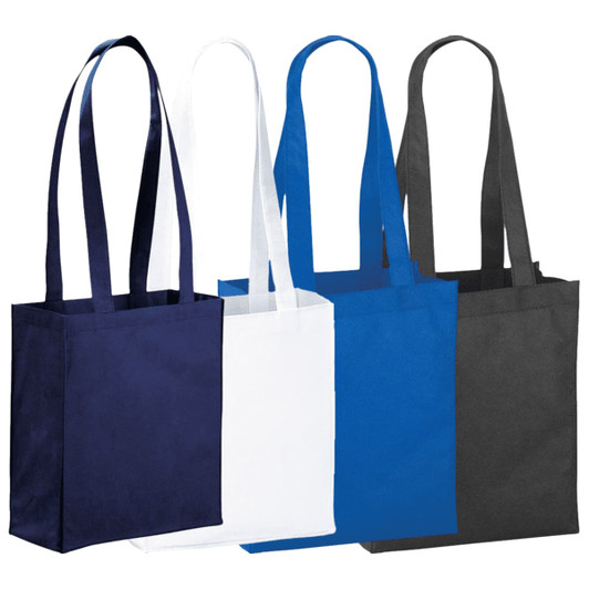 Mini Elm Non-Woven Tote bags in navy, white, blue, and black with long handles and a logo on each bag.