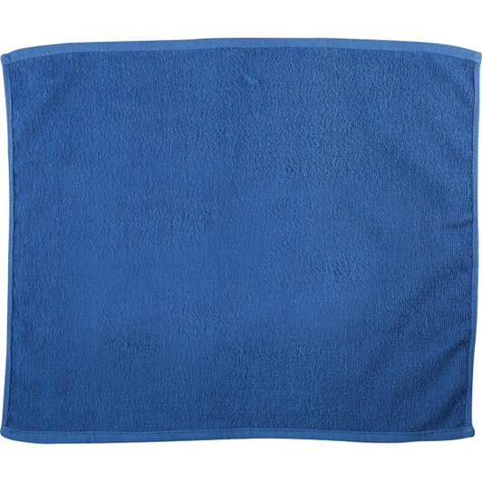 A blue gym towel featuring a textured surface and a contrasting border. The towel includes a logo.