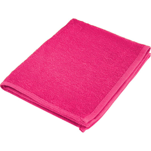A bright pink gym towel, neatly folded with a contrasting trim. It features a logo. Perfect for leisure and outdoor activities.