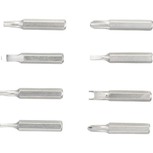 A set of eight silver multi-tool bits, featuring various screwdriver types and shapes.