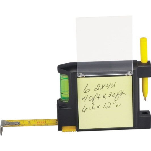 A black tape measure with a level, notepad, and yellow pen attached; features a measuring tape extending from it.