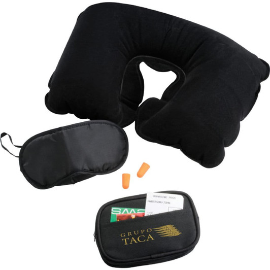 A black travel pillow, earplugs, and a compact zippered bag containing essential items. The bag features a logo.