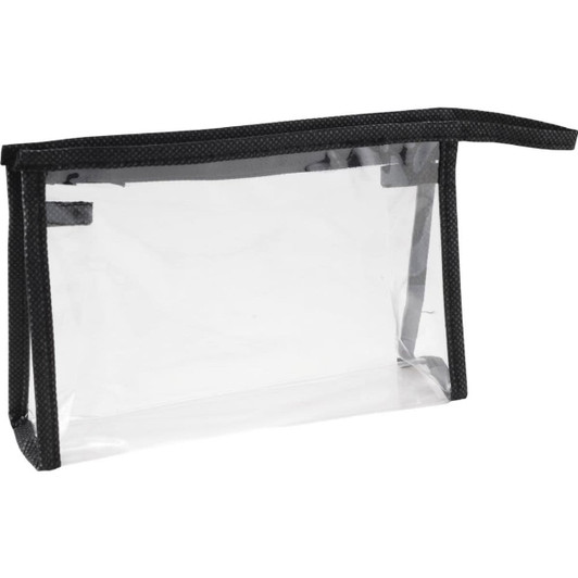 A clear toiletry bag with a black zippered top and edges, featuring a simple design and a small logo.