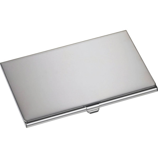 A silver business card holder with a sleek design and a clasp closure, featuring a subtle logo.