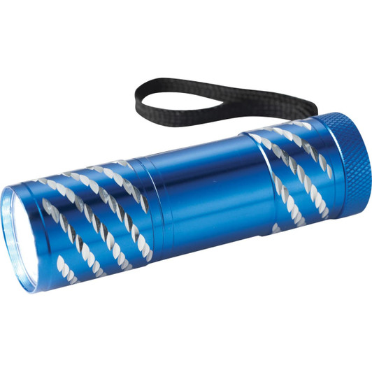A blue metal flashlight with a patterned design and a black wrist strap. It features a bright LED light.