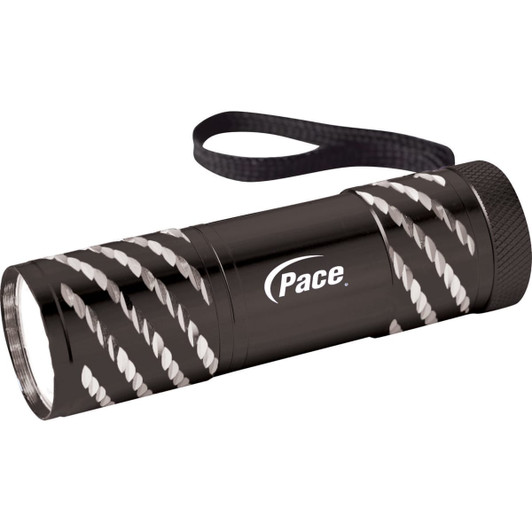A black Astro Flashlight with a textured white design and a wrist strap, featuring branding.