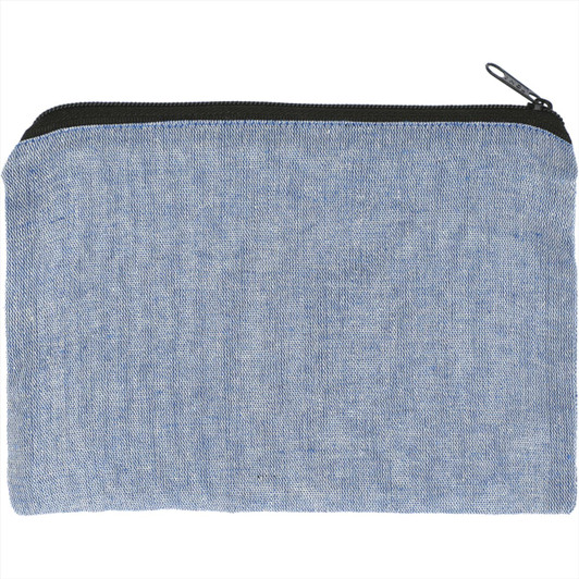 A blue recycled cotton twill pouch with a black zipper, featuring a simple, textured design.