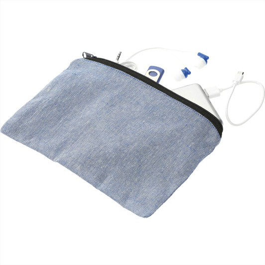 A blue recycled cotton twill pouch with a zipper, containing a white item and a charging cable.