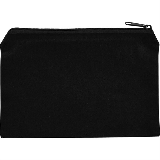 A black cotton travel pouch with a zip closure and a smooth surface, featuring a logo.
