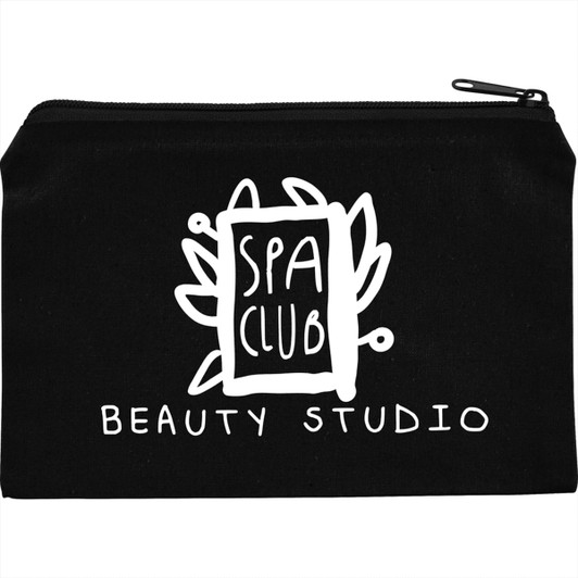 A black cotton travel pouch with a zip closure and a logo featuring a spa theme.