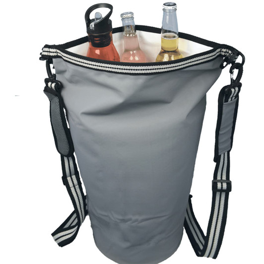 A grey waterproof cooler backpack containing three drink bottles, including two glass bottles and one plastic bottle.