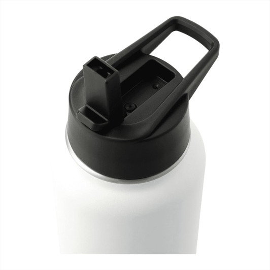 A drink bottle featuring a white body and a black lid with a spout, designed for easy grip and pouring.