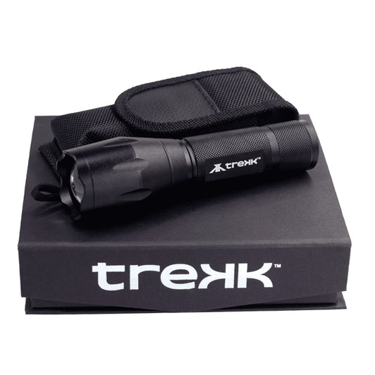 A black torch with a textured grip, nestled in a box with a logo, accompanied by a fabric case.