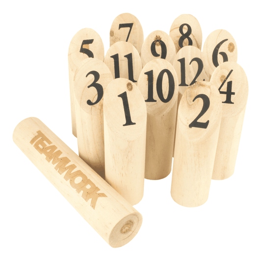 A set of wooden skittles numbered 1 to 12, with a wooden bat labelled "TEAMWORK", all in a natural finish.