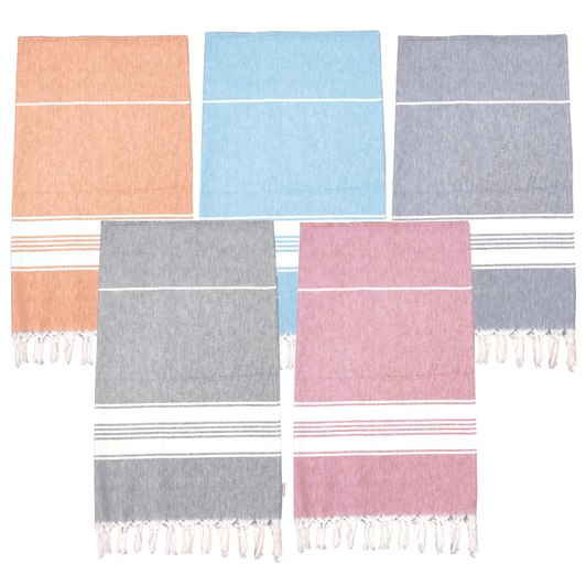 Five Turkish towels in orange, blue, grey, pink, and striped designs, featuring tasselled edges and a logo.