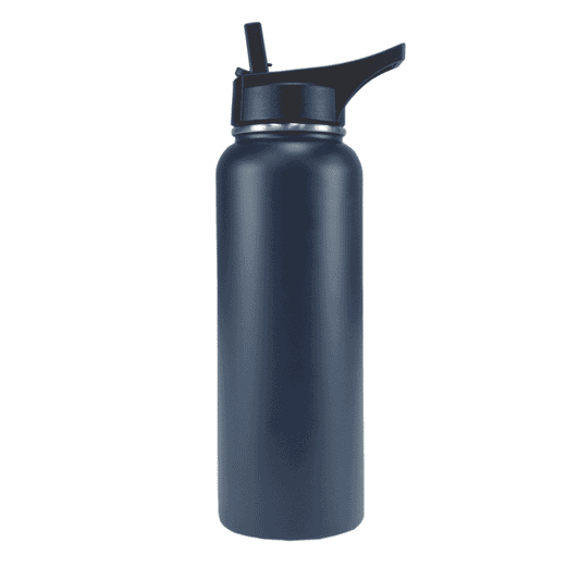 A drink bottle in navy blue with a black spout lid and a logo on the body.
