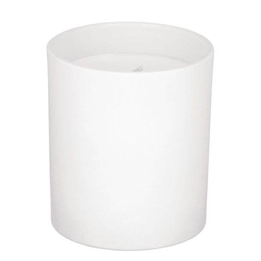 A white scented candle in a simple glass container, featuring soy wax and a single wick.