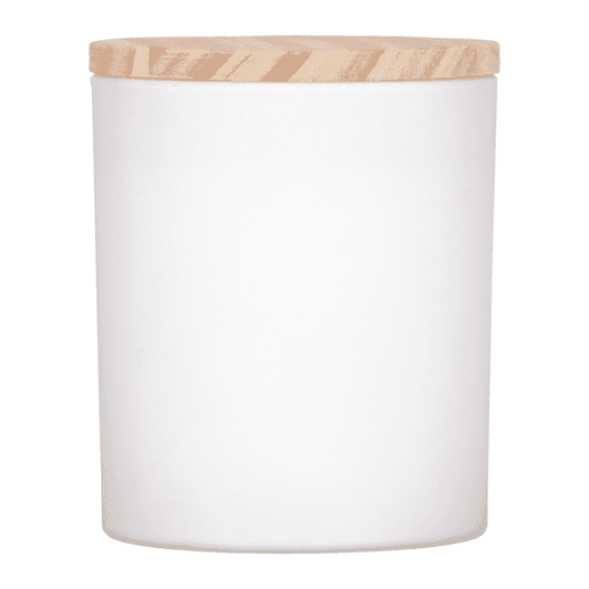 A white scented candle with soy wax, featuring a wooden lid. The candle is simple and elegant in design.