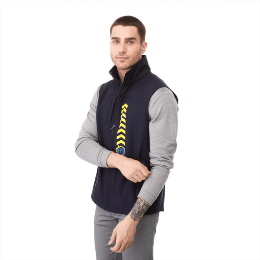 A navy softshell vest for men, featuring a zippered front, branded logo, and a contrasting grey long-sleeve top underneath.
