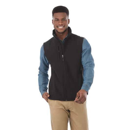 A black softshell vest for men with a zip front and two pockets, featuring a logo.