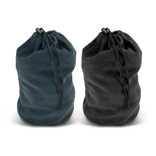 Two polar fleece drawstring bags in dark green and black, featuring a drawstring closure and a small logo.