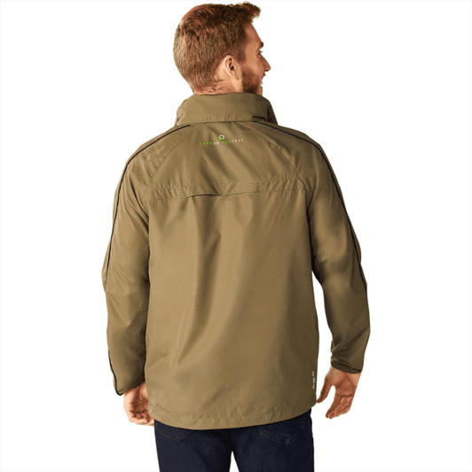 A men’s eco-friendly packable jacket in olive green, featuring a collar and branded logo on the back.