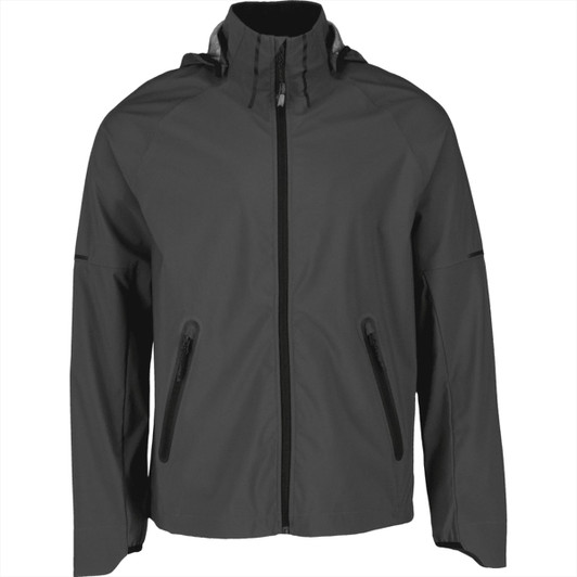 A men's softshell jacket in dark grey with a front zip and two side pockets, featuring a hood and branding.