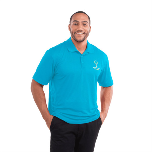 A blue short sleeve polo shirt for men, featuring a logo on the chest.