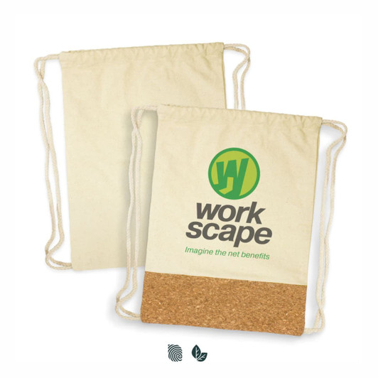 A natural canvas drawstring backpack with a cork bottom and a logo featuring green and black text.